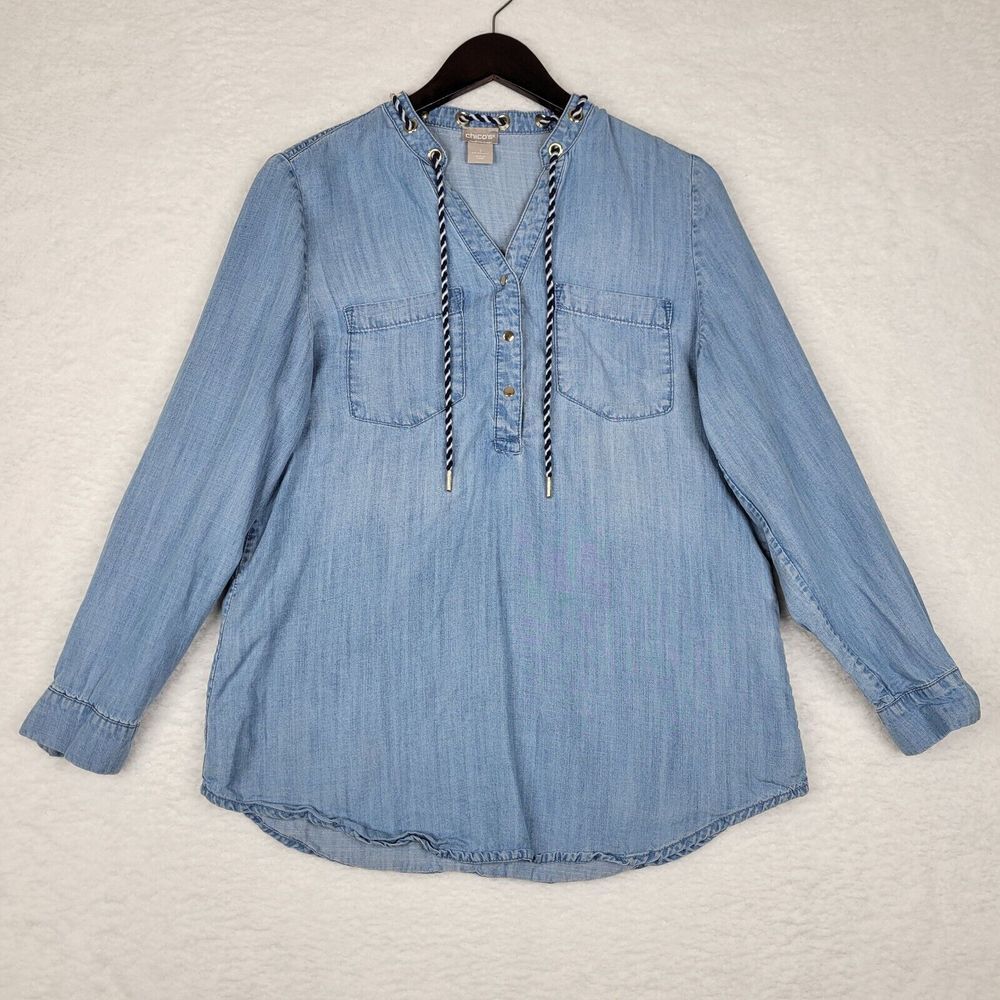 Chicos Shirt Womens 1 Medium Blue‎ Long Sleeve Relaxed Drawstring V Neck